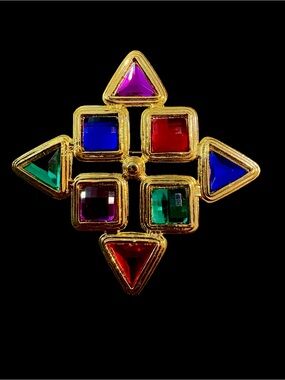 Vintage 80s Gold-Tone Multi Gem Color Statement Brooch